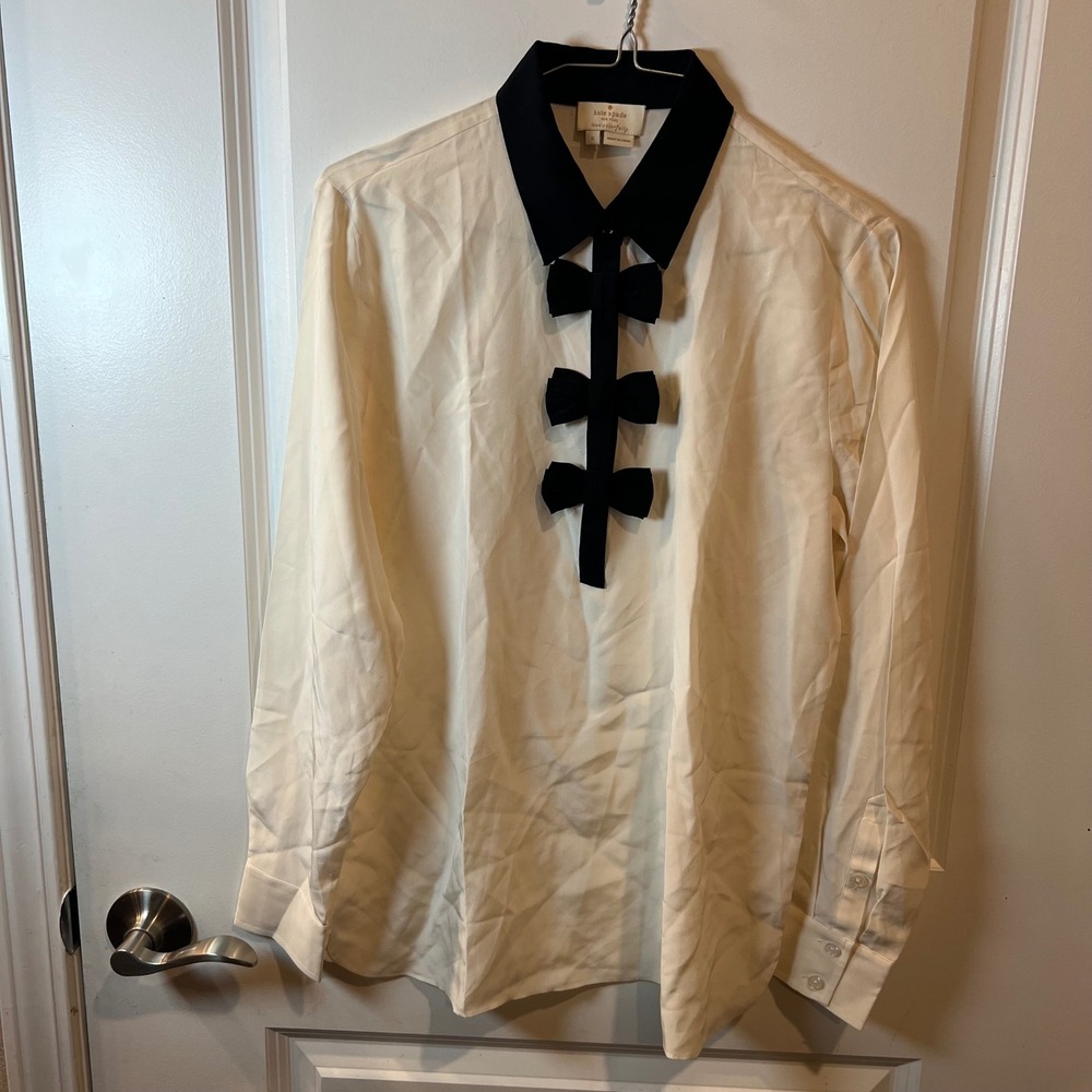Kate Spade Womens Blouse 100% Silk Bow Detail Cream Black Size S